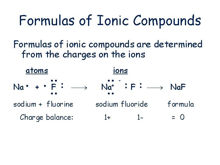 Formulas of Ionic Compounds Formulas of ionic compounds are determined from the charges on