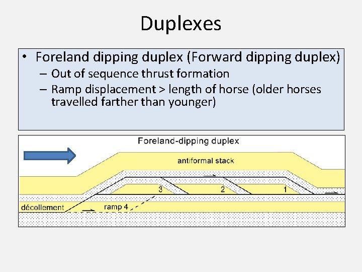 Duplexes • Foreland dipping duplex (Forward dipping duplex) – Out of sequence thrust formation