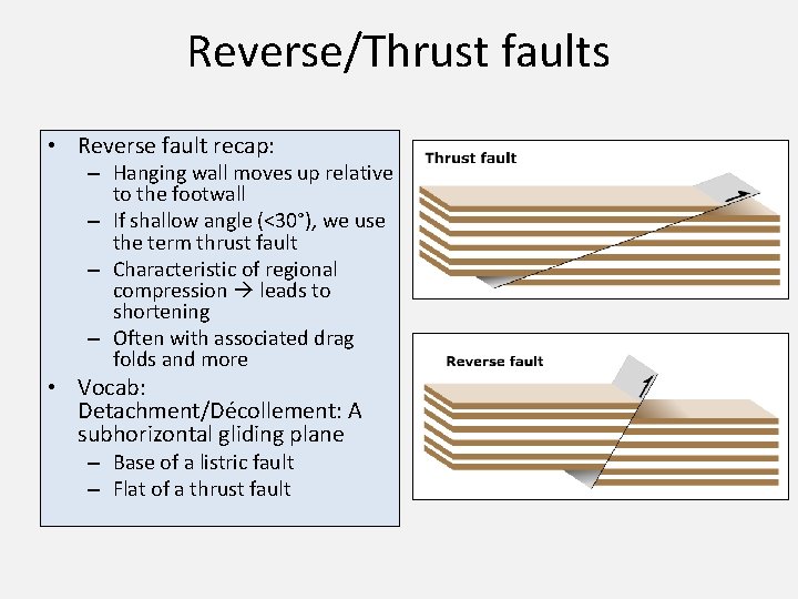 Reverse/Thrust faults • Reverse fault recap: – Hanging wall moves up relative to the