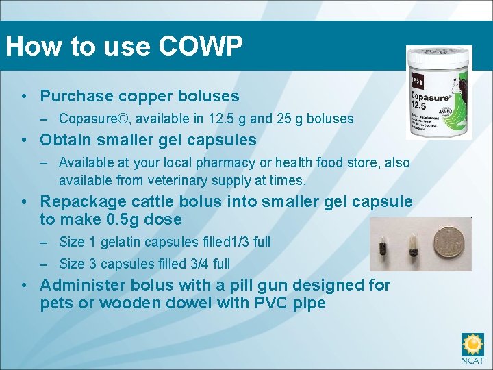 How to use COWP • Purchase copper boluses – Copasure©, available in 12. 5