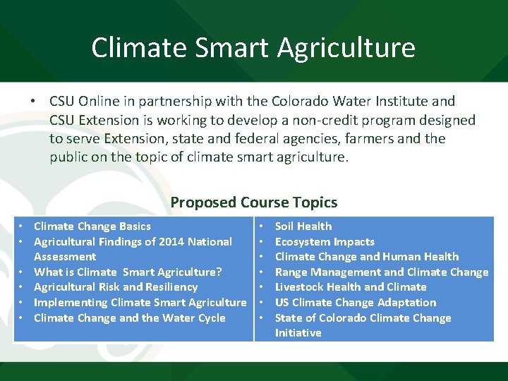 Climate Smart Agriculture • CSU Online in partnership with the Colorado Water Institute and