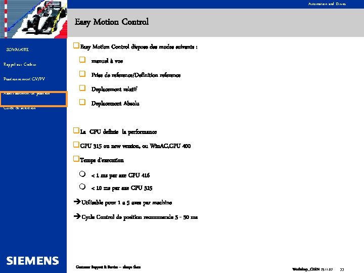 Automation and Drives Easy Motion Control SOMMAIRE Rappel sur Codeur Positionnement GV/PV Asservissement de