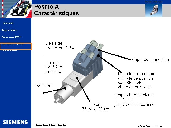 Automation and Drives Posmo A Caractéristiques SOMMAIRE Rappel sur Codeur Positionnement GV/PV Asservissement de