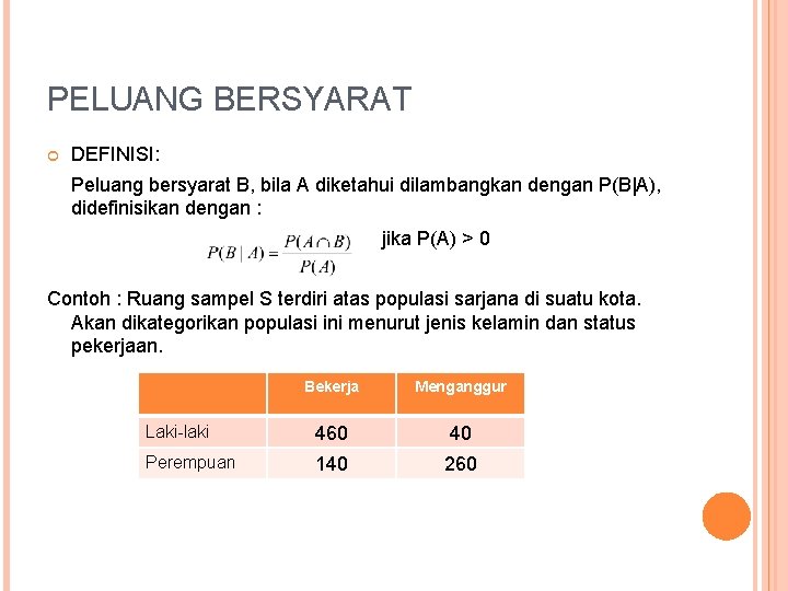 PELUANG BERSYARAT DEFINISI: Peluang bersyarat B, bila A diketahui dilambangkan dengan P(B|A), didefinisikan dengan PELUANG BERSYARAT DEFINISI: Peluang bersyarat B, bila A diketahui dilambangkan dengan P(B|A), didefinisikan dengan