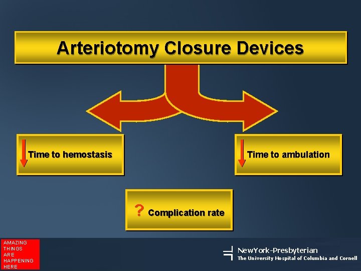 Arteriotomy Closure Devices Time to hemostasis Time to ambulation ? Complication rate AMAZING THINGS