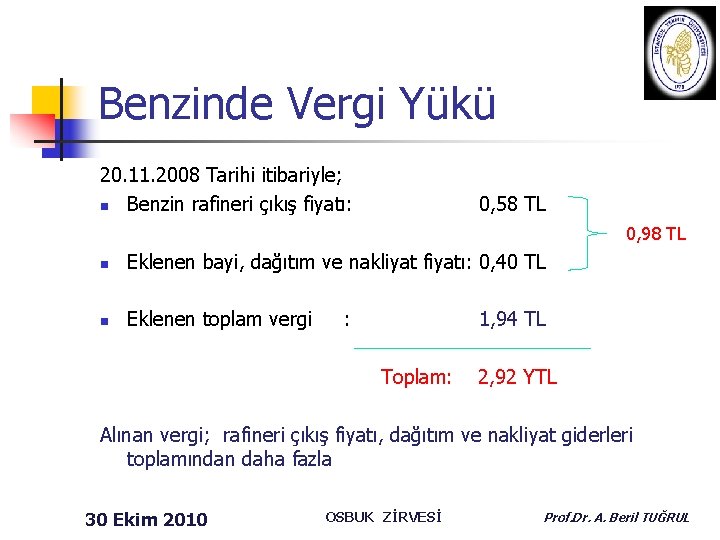 Benzinde Vergi Yükü 20. 11. 2008 Tarihi itibariyle; n Benzin rafineri çıkış fiyatı: 0,