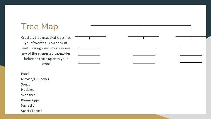 Tree Map Create a tree map that classifies your favorites. You need at least