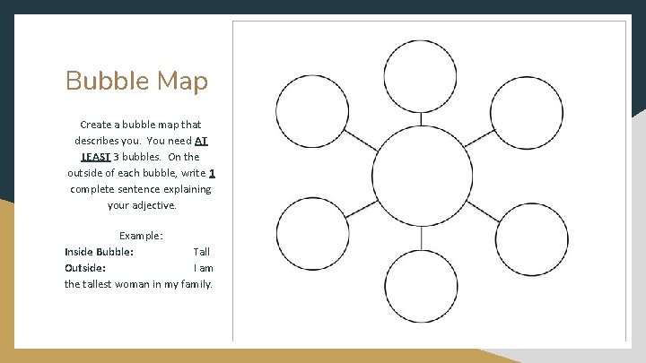 Bubble Map Create a bubble map that describes you. You need AT LEAST 3