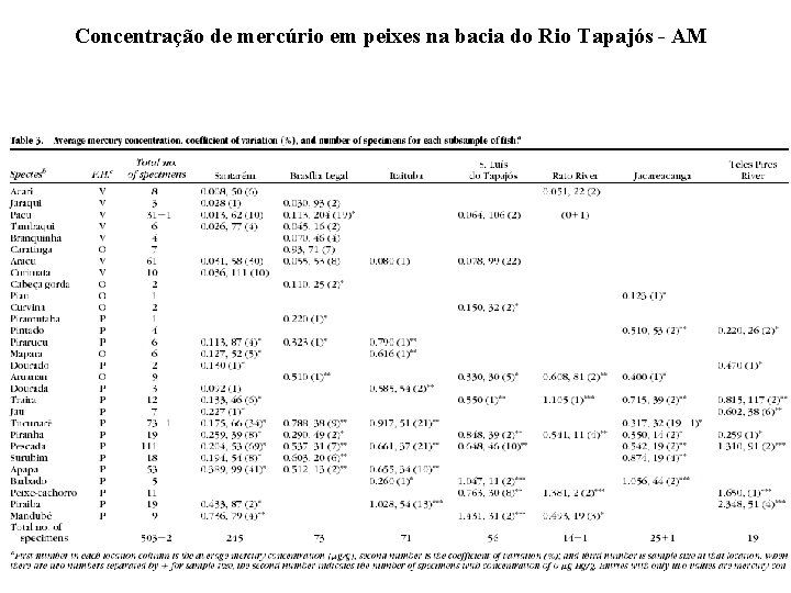 Concentração de mercúrio em peixes na bacia do Rio Tapajós - AM 