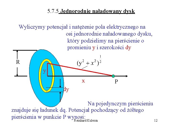 5. 7. 5 Jednorodnie naładowany dysk Wyliczymy potencjał i natężenie pola elektrycznego na osi
