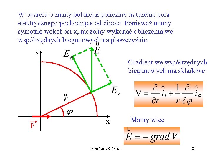 W oparciu o znany potencjał policzmy natężenie pola elektrycznego pochodzące od dipola. Ponieważ mamy