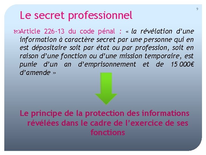 Le secret professionnel Article 226 -13 du code pénal : « la révélation d’une