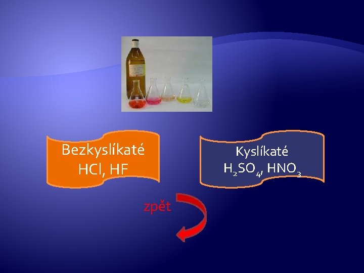 Bezkyslíkaté HCl, HF zpět Kyslíkaté H 2 SO 4, HNO 3 Bezkyslíkaté HCl, HF zpět Kyslíkaté H 2 SO 4, HNO 3