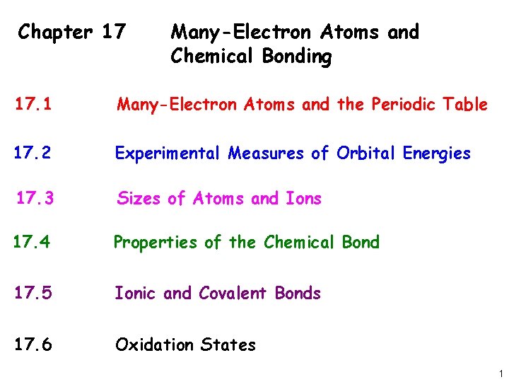 Chapter 17 Many-Electron Atoms and Chemical Bonding 17. 1 Many-Electron Atoms and the Periodic