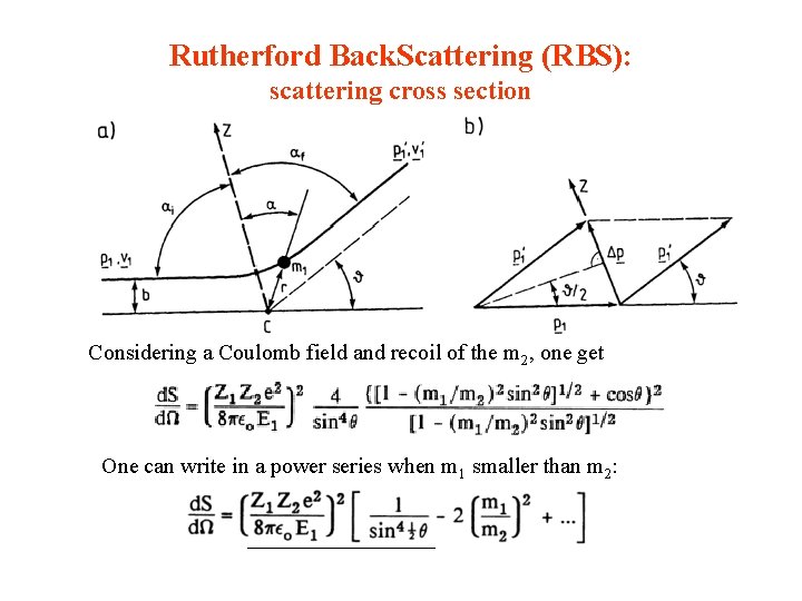 Rutherford Back. Scattering (RBS): scattering cross section Considering a Coulomb field and recoil of