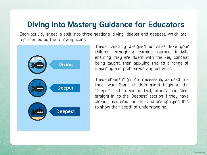 Diving into Mastery Guidance for Educators Each activity sheet is split into three sections,