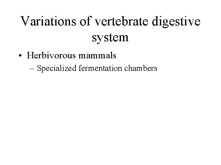 Variations of vertebrate digestive system • Herbivorous mammals – Specialized fermentation chambers 