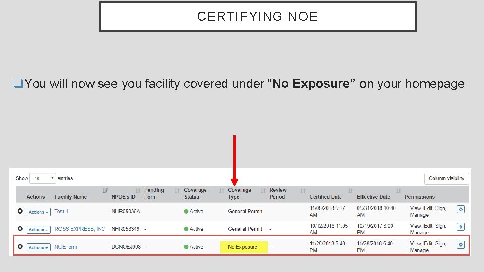 CERTIFYING NOE q. You will now see you facility covered under “No Exposure” on