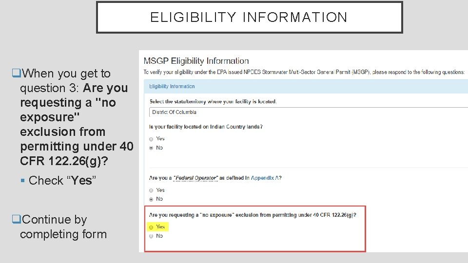 ELIGIBILITY INFORMATION q. When you get to question 3: Are you requesting a "no