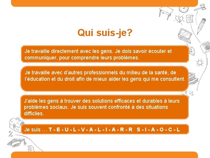 Qui suis-je? Je travaille directement avec les gens. Je dois savoir écouter et communiquer,