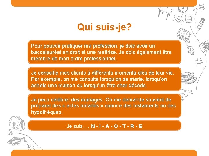 Qui suis-je? Pour pouvoir pratiquer ma profession, je dois avoir un baccalauréat en droit