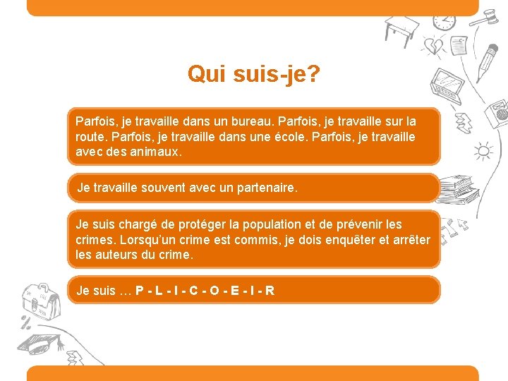 Qui suis-je? Parfois, je travaille dans un bureau. Parfois, je travaille sur la route.