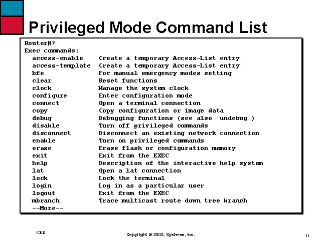 Privileged Mode Command List Router#? Exec commands: access-enable access-template bfe clear clock configure connect