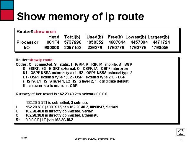 Show memory of ip route Router#show mem Head Processor 861 F 4 I/O 600000