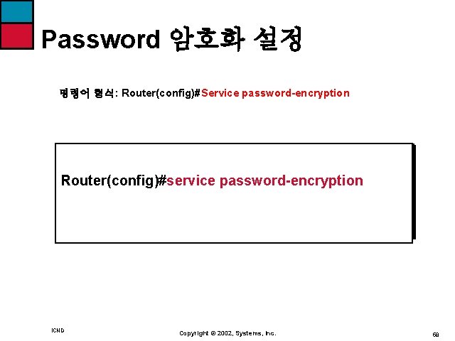 Password 암호화 설정 명령어 형식: Router(config)#Service password-encryption Router(config)#service password-encryption ICND Copyright © 2002, Systems,