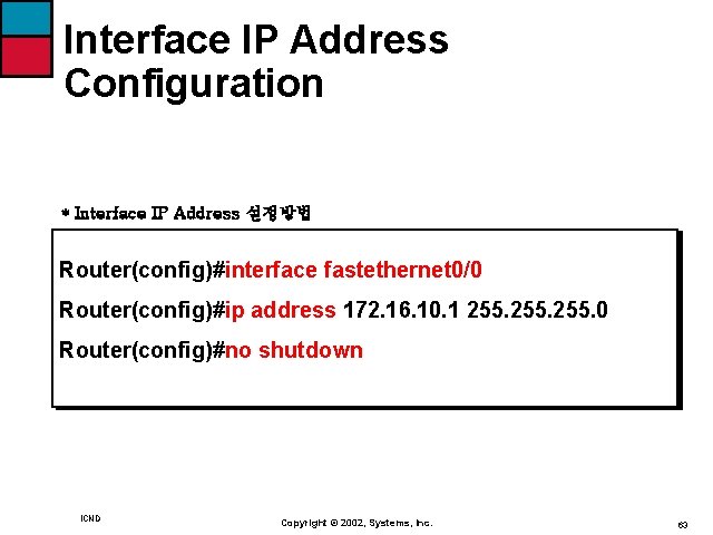 Interface IP Address Configuration * Interface IP Address 설정방법 Router(config)#interface fastethernet 0/0 Router(config)#ip address