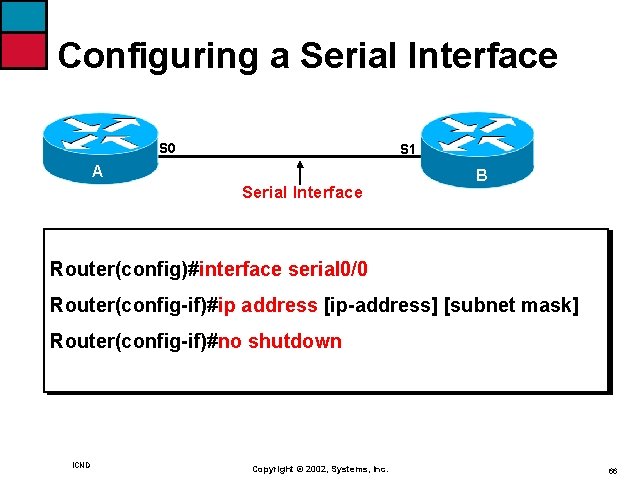 Configuring a Serial Interface S 0 S 1 A Serial Interface B Router(config)#interface serial