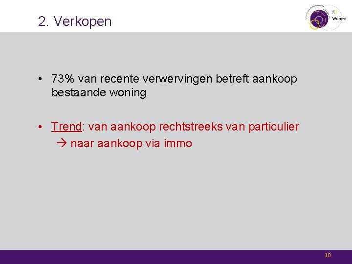 2. Verkopen • 73% van recente verwervingen betreft aankoop bestaande woning • Trend: van