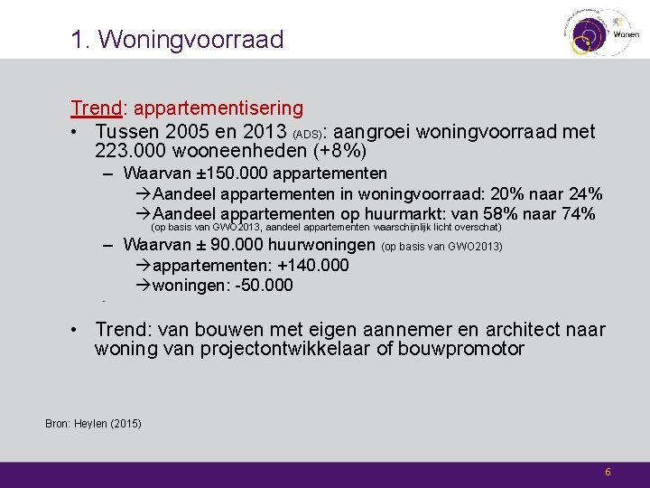 1. Woningvoorraad Trend: appartementisering • Tussen 2005 en 2013 (ADS): aangroei woningvoorraad met 223.