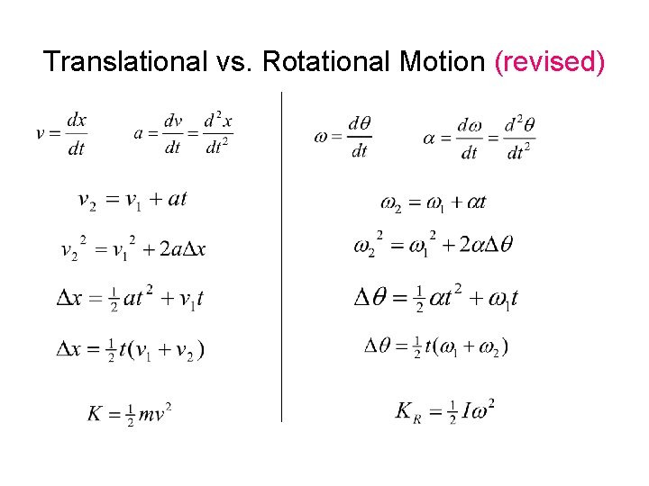 Translational vs. Rotational Motion (revised) 