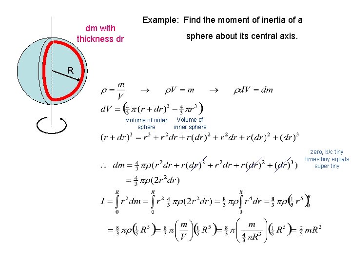 dm with thickness dr Example: Find the moment of inertia of a sphere about