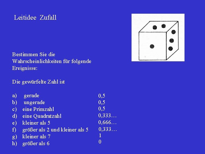 Leitidee Zufall Bestimmen Sie die Wahrscheinlichkeiten für folgende Ereignisse: Die gewürfelte Zahl ist a)