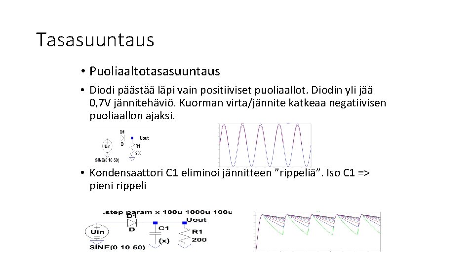 Tasasuuntaus • Puoliaaltotasasuuntaus • Diodi päästää läpi vain positiiviset puoliaallot. Diodin yli jää 0,
