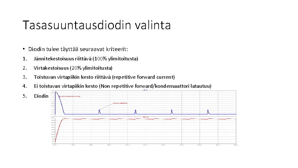 Tasasuuntausdiodin valinta • Diodin tulee täyttää seuraavat kriteerit: 1. Jännitekestoisuus riittävä (100% ylimitoitusta) 2.