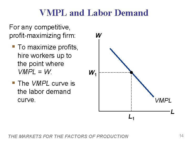 VMPL and Labor Demand For any competitive, profit-maximizing firm: W § To maximize profits,