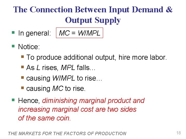 The Connection Between Input Demand & Output Supply § In general: MC = W/MPL