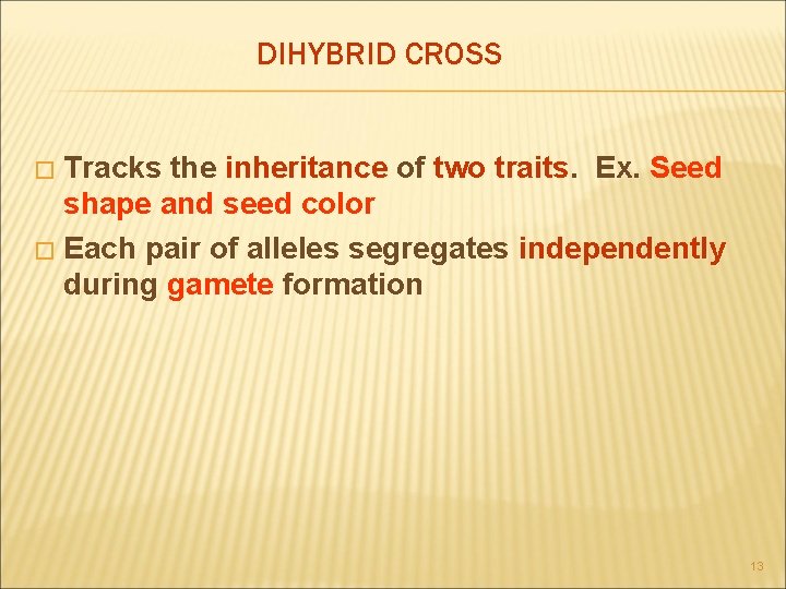 DIHYBRID CROSS Tracks the inheritance of two traits. Ex. Seed shape and seed color
