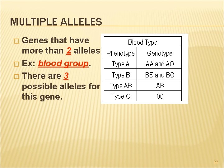 MULTIPLE ALLELES Genes that have more than 2 alleles � Ex: blood group. �