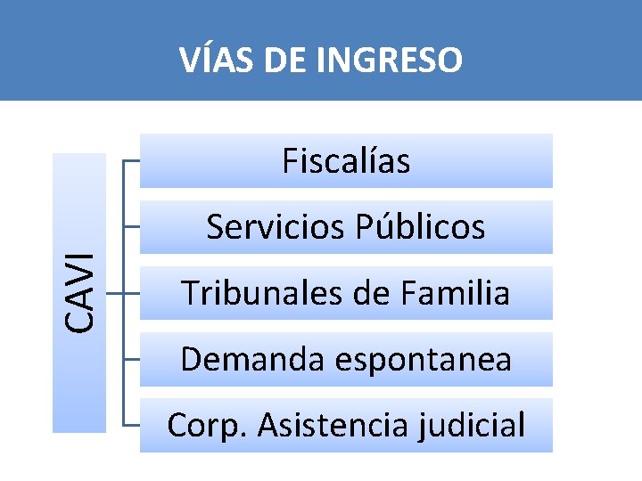 VÍAS DE INGRESO Fiscalías CAVI Servicios Públicos Tribunales de Familia Demanda espontanea Corp. Asistencia