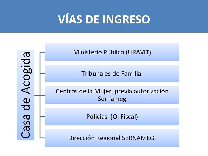 Casa de Acogida VÍAS DE INGRESO Ministerio Público (URAVIT) Tribunales de Familia. Centros de