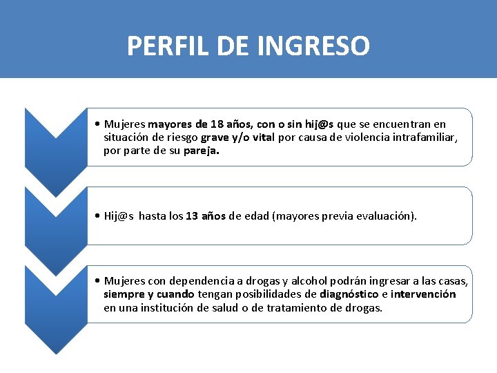 PERFIL DE INGRESO • Mujeres mayores de 18 años, con o sin hij@s que