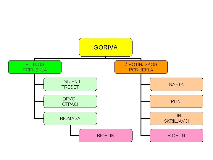 GORIVA BILJNOG PORIJEKLA ŽIVOTINJSKOG PORIJEKLA UGLJEN I TRESET NAFTA DRVO I OTPACI PLIN BIOMASA