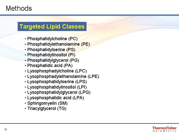Methods Targeted Lipid Classes • Phosphatidylcholine (PC) • Phosphatidylethanolamine (PE) • Phosphatidylserine (PS) • Methods Targeted Lipid Classes • Phosphatidylcholine (PC) • Phosphatidylethanolamine (PE) • Phosphatidylserine (PS) •