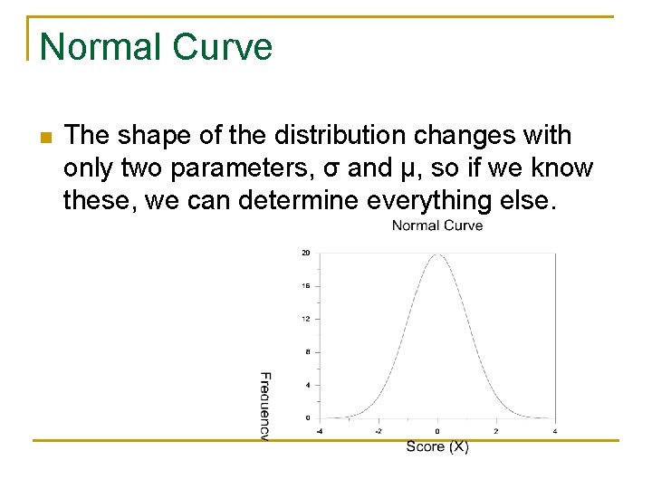 Normal Curve n The shape of the distribution changes with only two parameters, σ