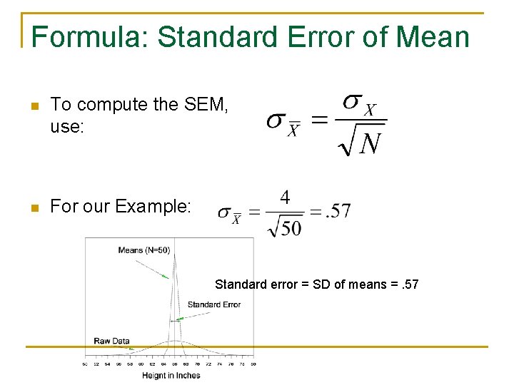 Formula: Standard Error of Mean n To compute the SEM, use: n For our