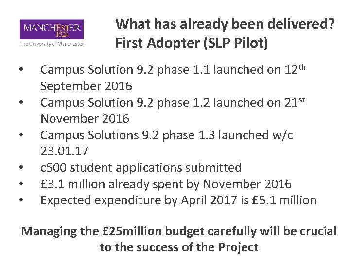 What has already been delivered? First Adopter (SLP Pilot) • • • Campus Solution